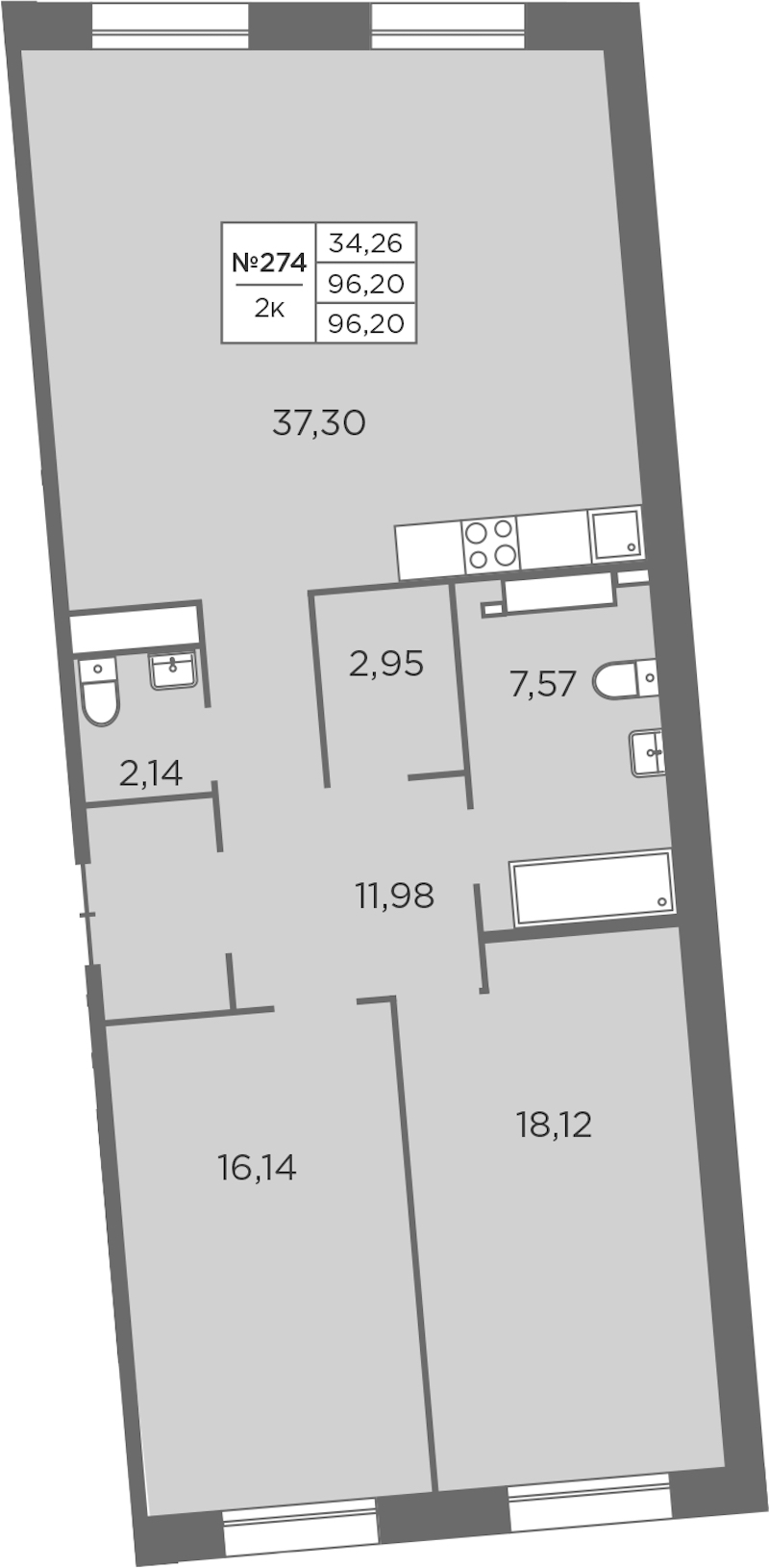 2-комнатная квартира 96.2 м², 7/8 эт., ЖК «Северная Корона»